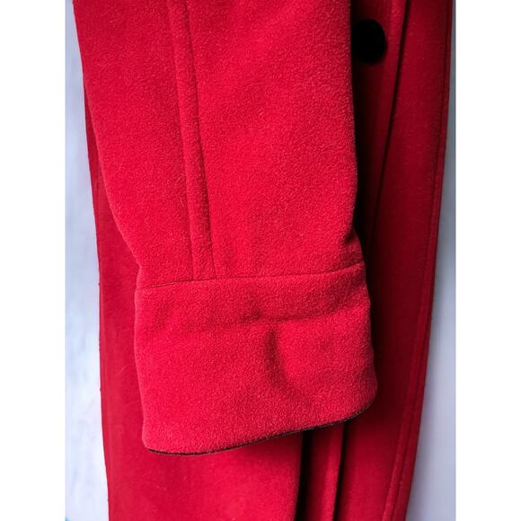 Vintage 90s Halston Hooded Wool Coat | Cherry Red Velvet Trim | Size 8 - Picture 10 of 14